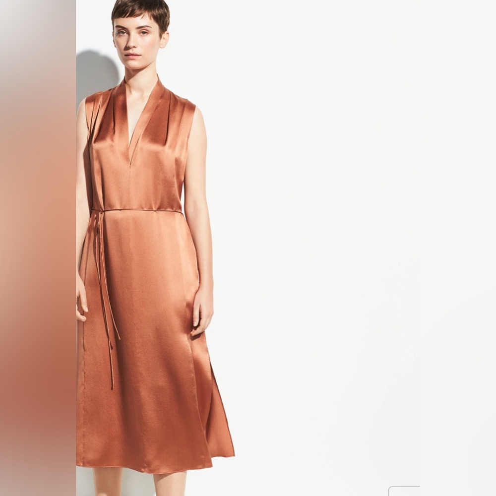 Vince Sleeveless Drape Neck Silk Dress Cliff Ember Medium
